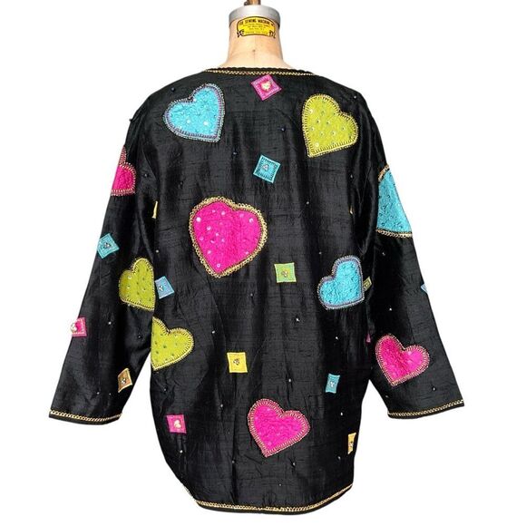 Colorful Silk Jacket with Heart Appliqué by JA Resort Oversized Size S - Picture 4 of 7